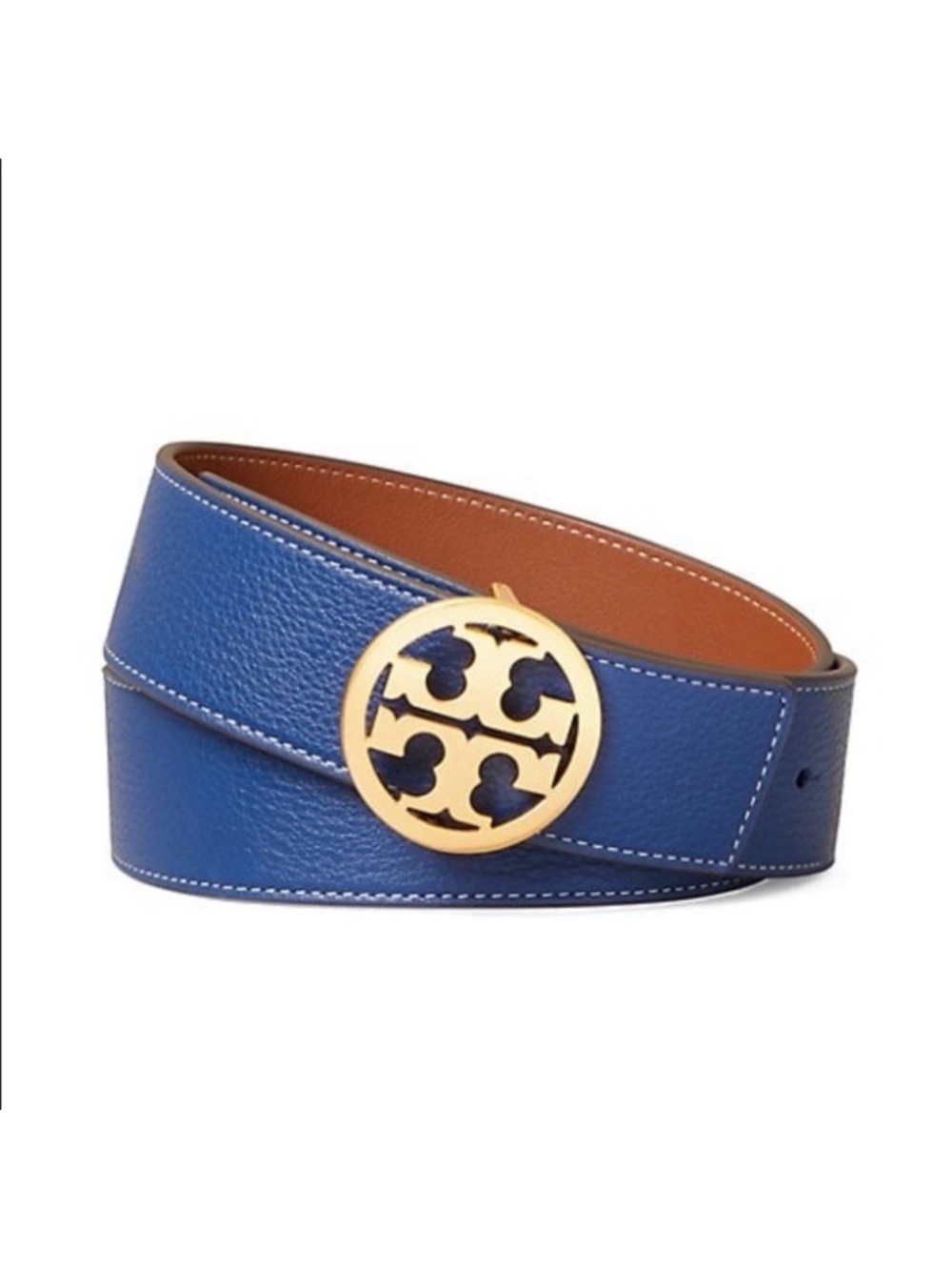 Tory Burch Blue Leather Belt with Gold Logo Buckle